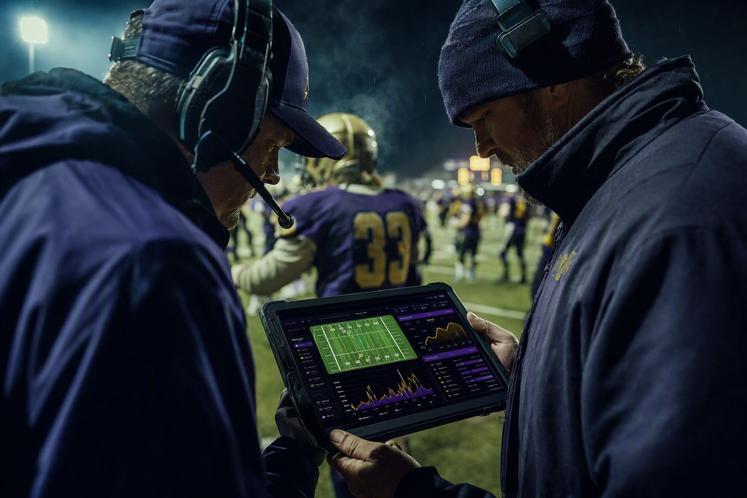 Two coaches in headsets reviewing an
analytics tablet on the sideline at night